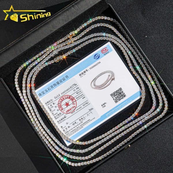 Necklace Tennis Chain moissanite chain GRA Certificated 10K 14K Real Solid Gold 3MM 4MM Jewelry Necklace For Men Women