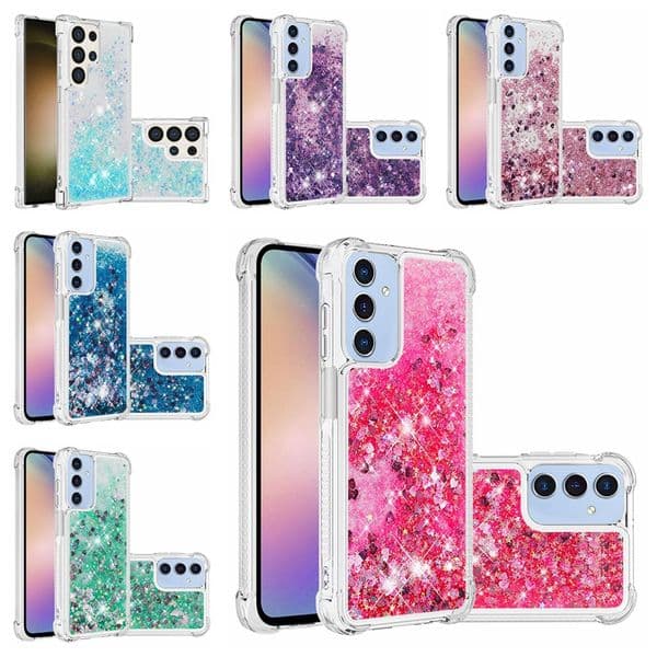 S26 Edge Liquid Soft TPU Four Corner Cases For Samsung S25 FE Ultra S24 Plus A57 A37 A07 A17 A16 A06 A26 A36 A56 A15 A05 Heart Love Quicksand Bling Glitter