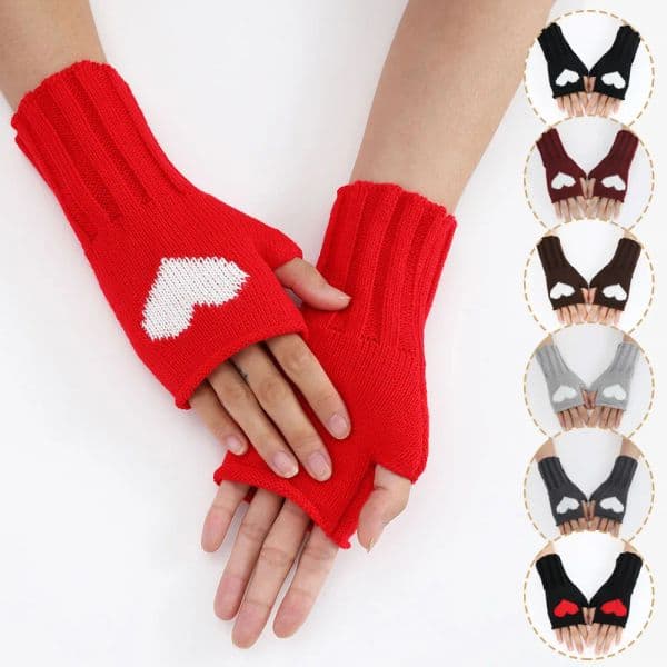 Heart Print Half Finger Gloves for Women Winter Soft Warm Wool Knitting Arm Gloves Writting Warm Mittens