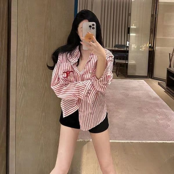 Designer embroidered pink striped shirt for womens spring new style of age-reducing slouchy shirt top