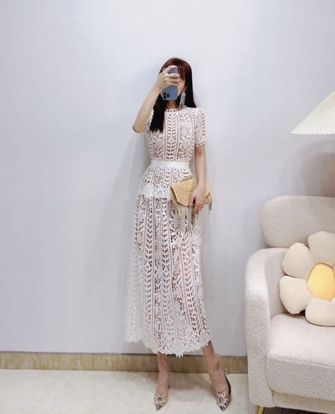 AuthS-elf Portrait Lace Round Neck Short Sleeve High Waist Slim Fit White Long Dress