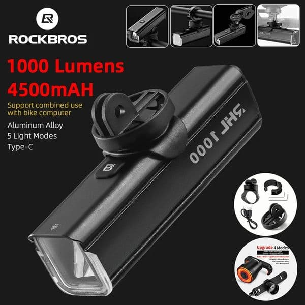Bike Lights ROCKBROS Bicycle Front Light 1000 Lumens 4500mAH Lamp Highlight Aluminum TypeC Flashlight Headlight MTB Road Cycling 231009