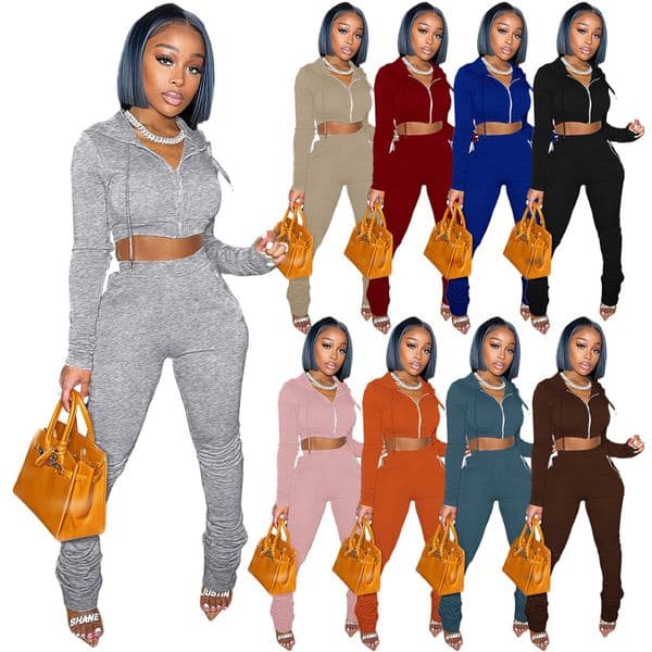 Fall Winter Fleece Tracksuits Women Two Piece Sets Long Sleeve Sweatsuits Hooded Jacket and Stacked Pants 2pcs Casual Solid Sports Suits Outdoor Joggers 8755