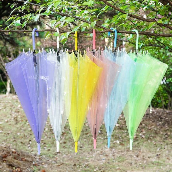 200pcs Transparent Umbrellas Clear PVC Umbrellas Long Handle Umbrella Rainproof 6 Colors DH83
