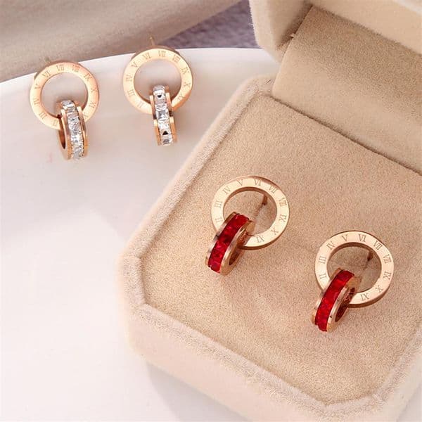Small studs designer jewelry Titanium steel colors double ring Roman numerals red and white diamond stud earrings for women simple