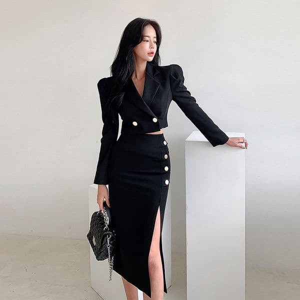 Two Piece Dress Fashion 2 Pieces Outfits Black Set Office Women Formal Kit Temperament Lady Sexy Short Crop Tops Coat Slit Midi Skirt Slim Suits 221122