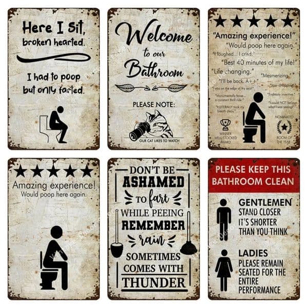 Toilet Safety Sign Metal Painting Funny Bathroom WC Lavatory Toilettes Restroom Toilet Hotel Wall Art Decoration 20cmx30cm Woo