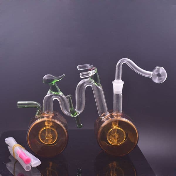 Unique Bicycle Shape 10mm Mini Glass Oil Burner Bong Water Pipes Double Matrix Ash Catcher Hookah Recycler Honeycomb Bongs with Male Glass Oil Burner Pipes