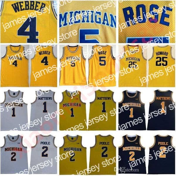 Basketball Jerseys NCAA Michigan Wolverines 5 Jalen Rose Jersey Chris Webber 4 Juwan Howard 25 1 Charles Matthews 2 Jorda Poole College Basketball Yellow Men
