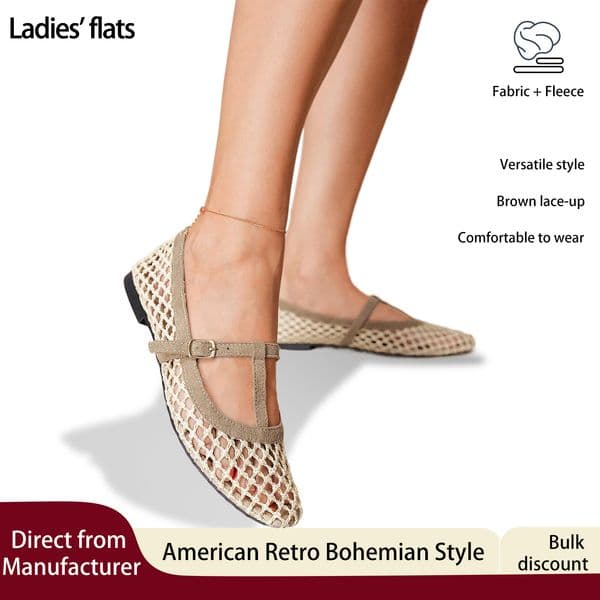 Sandals Khaki women's flats New resort style Wear BOHO outfit American retro style with T-strap design shallow square toe casual and comfortable Elegant sandals 7.0-4