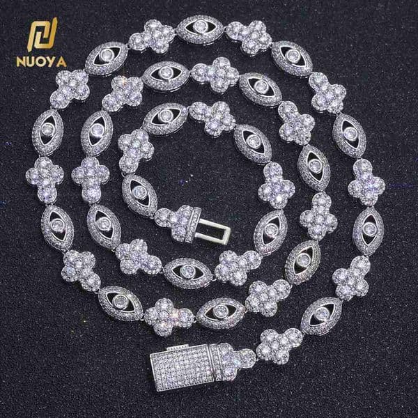 NUOYA Bling Diamond Cross Necklace with Eye Design Men Hip Hop Jewelry Micro Pave Moissanite Silver Plated Cuban Chain Gift