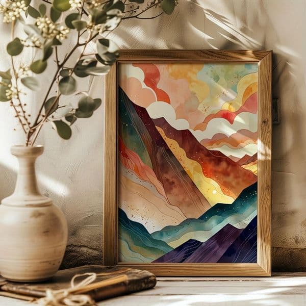 Modern Abstract Mountain View Poster Frameless Wall Art Print, Warm Orange, Brown, Green, Bluepurple Tones - Suitable for Living Room, Bedroom, Office, Bathroom