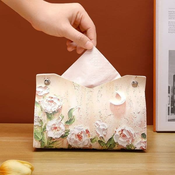 Tissue Box Cover, PU Leather Rectangular Tissue Box Case Organizer Holder for Vanity Countertop, Night Stands, Livingroom, Office Desk & Car, Camellia and Tulip Styles