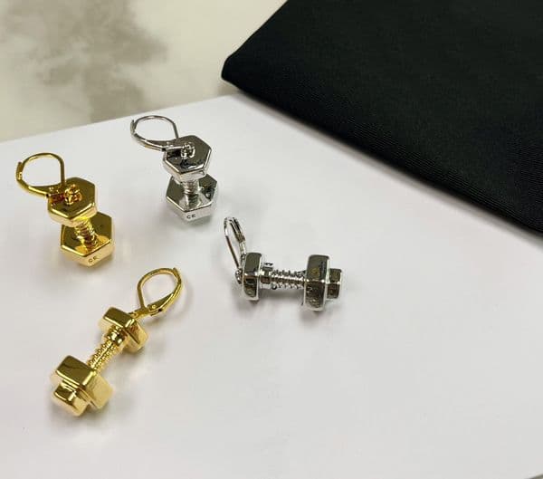 Silver Tone Dumbbell & Bolt Nut Drop Earrings Edgy Cool Style Daily & Streetwear Gift For Him/Her Unique Fashion Jewelry