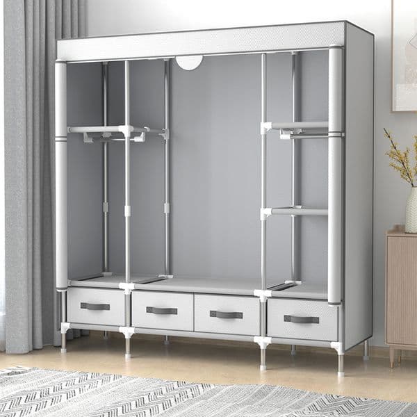 Meifeng Portable Non-Woven Storage Wardrobe 3 Areas for Hanging Clothes, 59 inches Clothes Closet with Four Drawers for Bedroom, dormitory