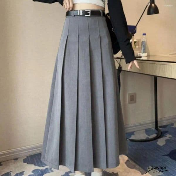 Skirts Women Maxi Skirt ddmyearth High Waist Pleated Ankle Length With Belt Solid Color A-Line Long For Office Women's Clothing