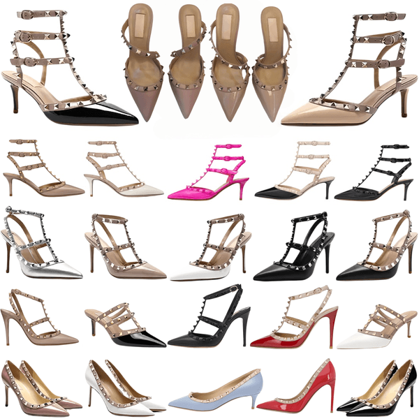 Luxury Designer High 6cm 8cm 10cm Summer Slides Slippers Leather Stud Sandals Nude Women Rivets Thin Heels Fashion Dress Shoes