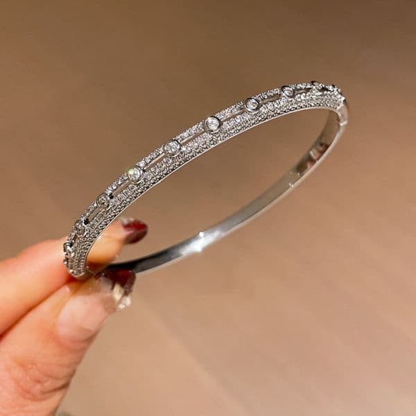 Silver Tone Bangle With Dense Sparkling Crystal Detailing Delicate Patterned Design Elegant Glamorous Style Daily Party Wear Gifts For Her Shiny Luxe Jewelry