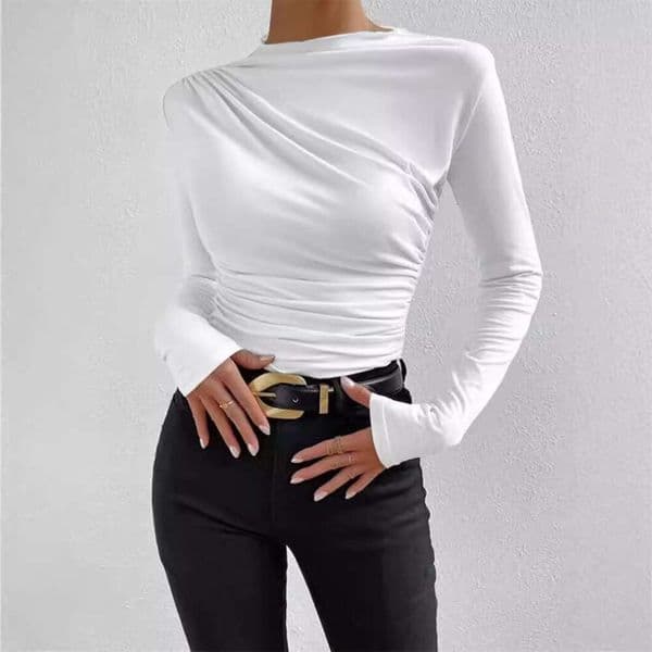 2025 Summer Solid Color Round Neck Slim Fit Base Shirt Ruched Design Women's Long Sleeve Top