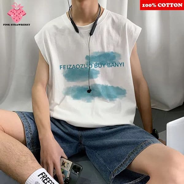 100 Cotton Sleeveless Tshirt Men Summer American Sport Vest Tee Fitness Swimm Run Vest Quick Dry Y2k Top men clothing 250908BJ