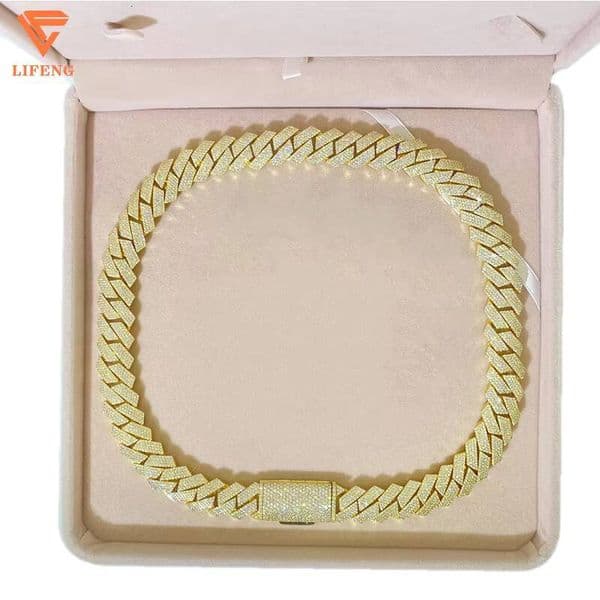 Hiphop Jewelry 15mm 4rows 925 Sliver Gold Plated Cuban Necklace D VVS1 Moissanite Miami Cuban Link Chain Men Necklace