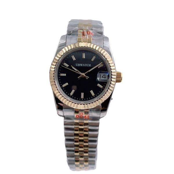 ST9 Automatic Sapphire Glass Two Tone Yellow Gold 31MM Womens Wristwatches Deep Black Bar Marker Calm Grand Ladies Watch