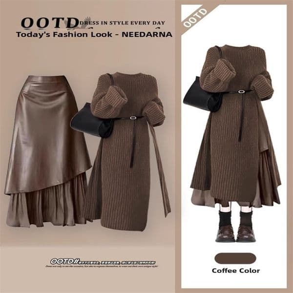 Fall Large Size Ele Womens Knitwear Sweater Versatile Slimming Skirt TwoPiece Set Faionable Commute Sle Long S 250908BJ