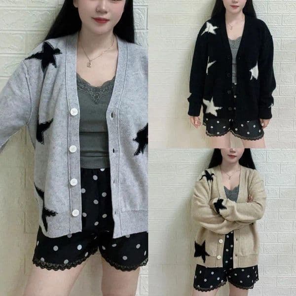 Women's Sweaters 3 Colors Star Jacquard Knit Cardigan Women Cashmere V-neck Loose Casual Lady Single Breasted Long Sleeve Sweater Top