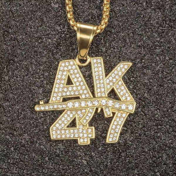 Handmade solid diamond AK47 with gold plated stainless steel shiny pendant necklace