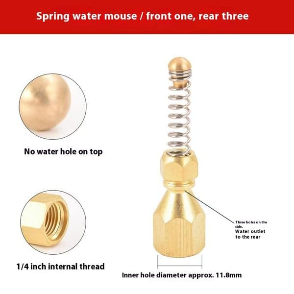 The drain cleaning spring has three spray nozzles arranged in front and behind.