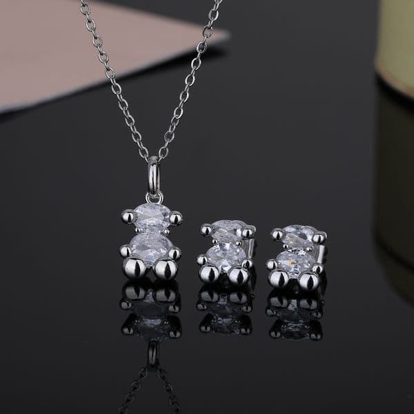 Hot Sale Fashion Women Silver Rose Gold Stainless Steel Bear White Purple Zircon Cartoon Animal Pendant Necklace Earrings Jewelry
