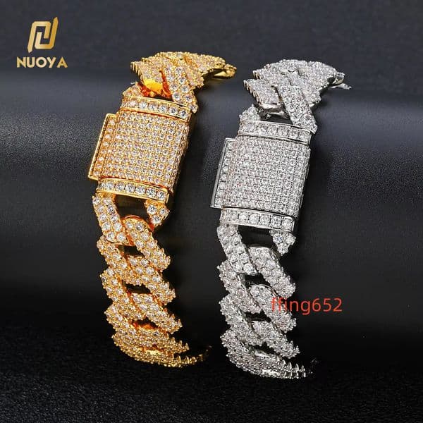 NUOYA Customizable 14MM White Gold Plated Diamond Cuban Link Chain Bracelet Women Hip Hop Jewelry Gift Cuban Bracelets
