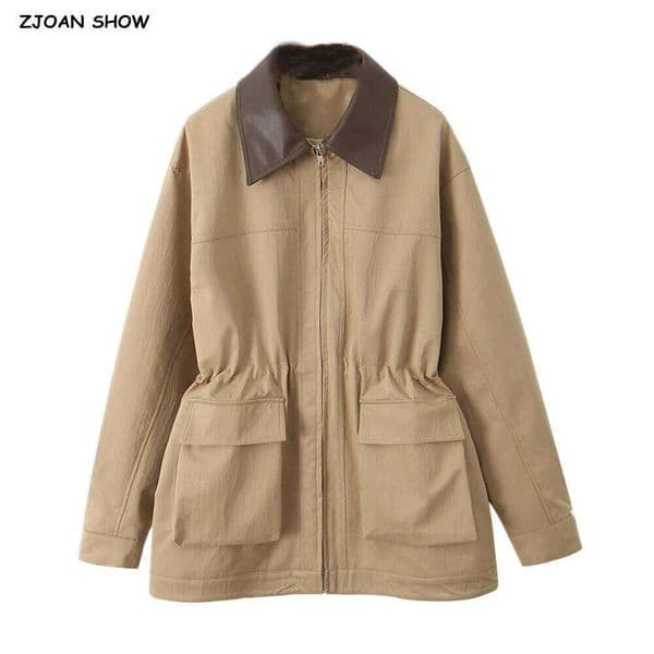 2025 Spring Women Khaki Spliced Faux Leather Lapel Safari Coat Front 2 Pockets Elastic Waist Zipper Jacket Loose Outerwear 250912