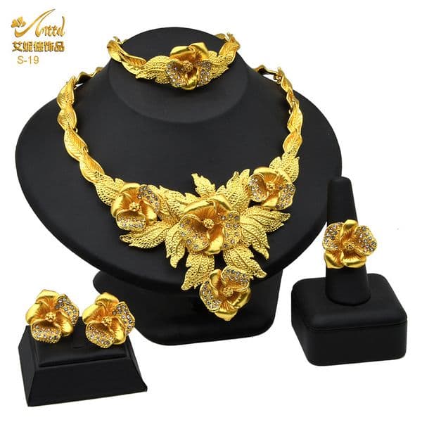 Luxury Brand Designer Jewelry Dubai 24K Gold Jewelry African Bride Jewelry Set Saudi Women Necklace Bracelet Earrings Ring Four-Piece Set