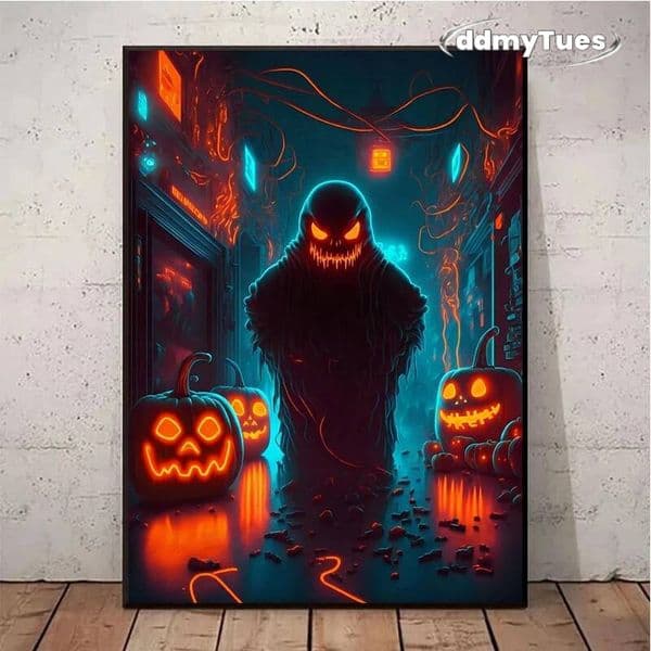 Bestseller Spooky Neon Halloween House Pumpkin Candles Posters Prints Canvas Printing Wall Art Picture for Cafe Bar Room Home Decor ddmytues