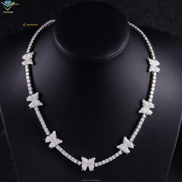Exquisite Butterfly Tennis Chain 925 Silver Plated Jewelry Vvs Moissanite Diamond Necklace for Women Hip Hop Style