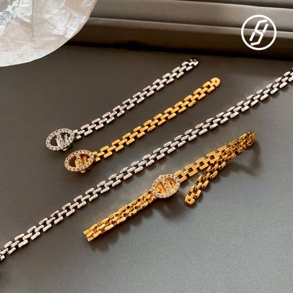 Zircon Pig Nose Bracelet Ins New Style Sweet Pig Nose Ring Gold Silver Retro Double-letter D Earrings Jewelry Set Designer Jewelry Original Jewelry Wholesale