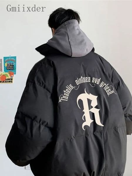 Gmiixder Mens Winter Punk Letter Parkas Hip Hop Oversize Thickened Down Jacket Oversize Padded Jacket Cool Bread Zipper Up Coat 250917