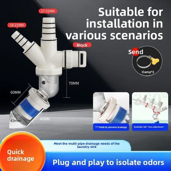 45 Degree Wall Device Double Outlet Connector Special Anti-Odor Drain Artifact Kitchen Drainage Pipe Seal Plug
