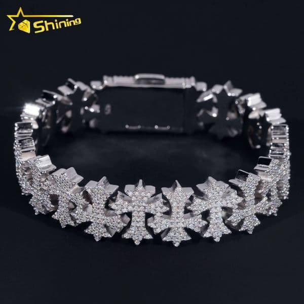 Luxury Big Cross Moissanite Cuban Link Chain Sterling Silver 925 Moissanite Cross Mens Bracelets Iced Out Hip Hop Jewelry