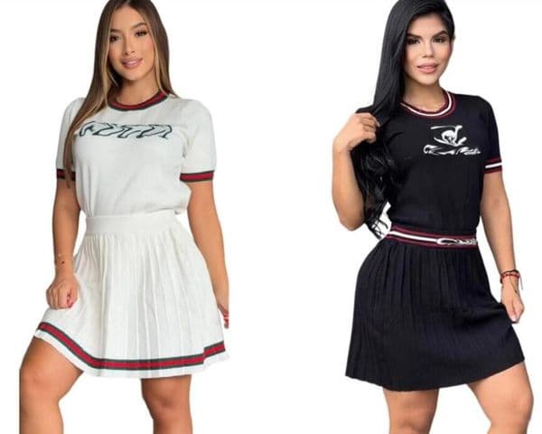 Luxurious Sweater Skirt Set Short Sleeve O Neck Tops Slim Pleated Skirt Two Piece Dress Set Women Outfit Knitted Mini Skirts Sets