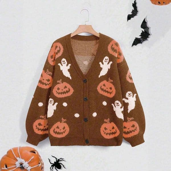 New Halloween V-Neck Loose Pumpkin Embroidered Cardigan Knitted Sweater Jacket