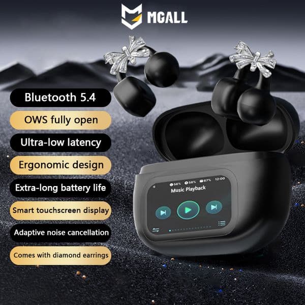 OWS Bluetooth MGALL Earphones HY-C02 Mic Noise Cancellation Stereo Sound Earbuds LCD Full Color Touch Screen Headphones Earrings Butterfly Headset DesignL260604