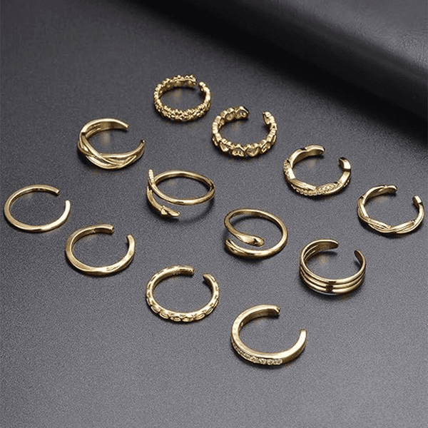 12PCS 18k Gold Plated Open Toe Rings CZ Celtic Knot Flower Heart Thin Band Ring Minimalist Vintage Summer Beach Foot Jewelry Set For Women Adjustable Gold Tone