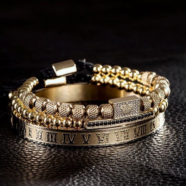 designer bracelet 925 sterling silver jewelry 3pcs Set gold bracelet Royal King Crown men bracelets Roman Numeral bracelet unique design braided adjustable bangle