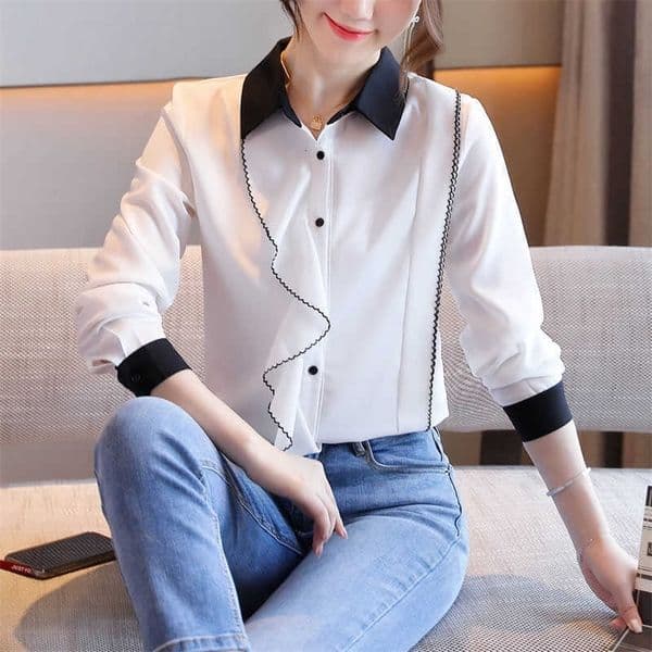Korean Women Shirts Chiffon Blouses Office Lady White Top Plus Size Woman Ruffles Blouse Elegant 210531