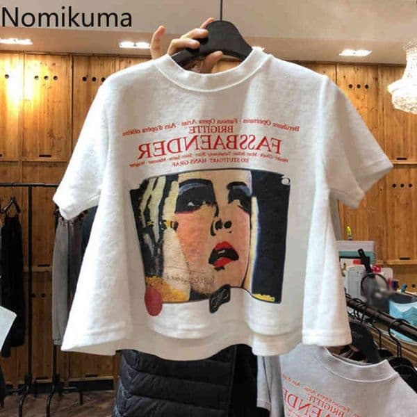 Nomikuma Spring Summer Short Sleeve Women Tee Shirt Korean Cartoon Letters Printed Graphic T Shirts Causal Short Tops 6F399 210427