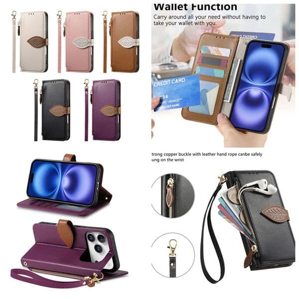Multifunctional Leaf Leather Wallet Cases For Iphone Air 17 Pro Max 16E 16 Plus 15 14 13 12 Iphone17 I17 Zipper Cash Pocket Credit ID Card Slot Holder Flip