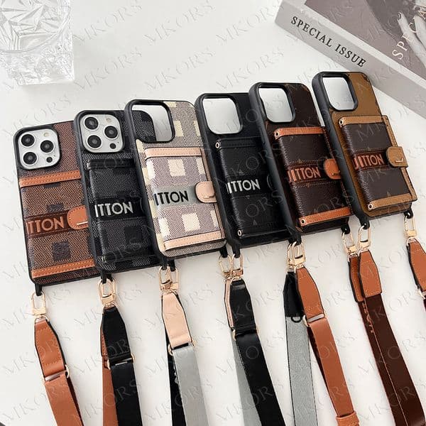 Luxury Designer Leather Phone Case for iPhone 17 Air 16 15 14 Plus 13 12 Pro Max Card Pocket Folio Wallet Storage iPhone17 16promax Shockproof Cover Crossbody Strap