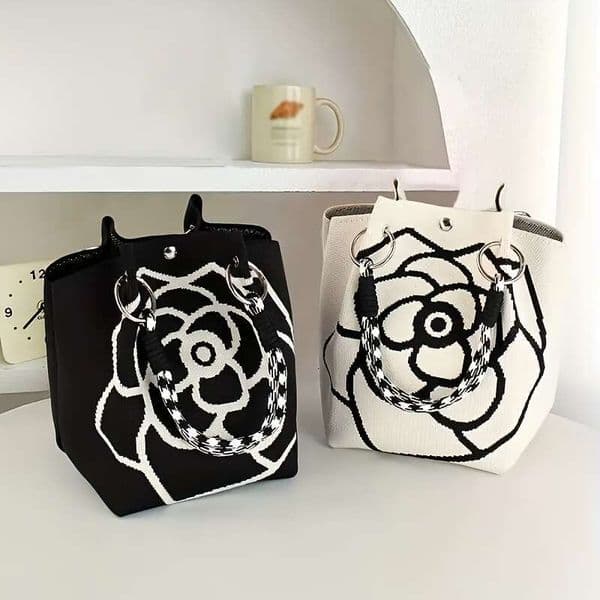 Designer Bag for Women Knitted Floral Handbag Spacious Detachable Travel Work Tote Black White Pattern Durable All-Season